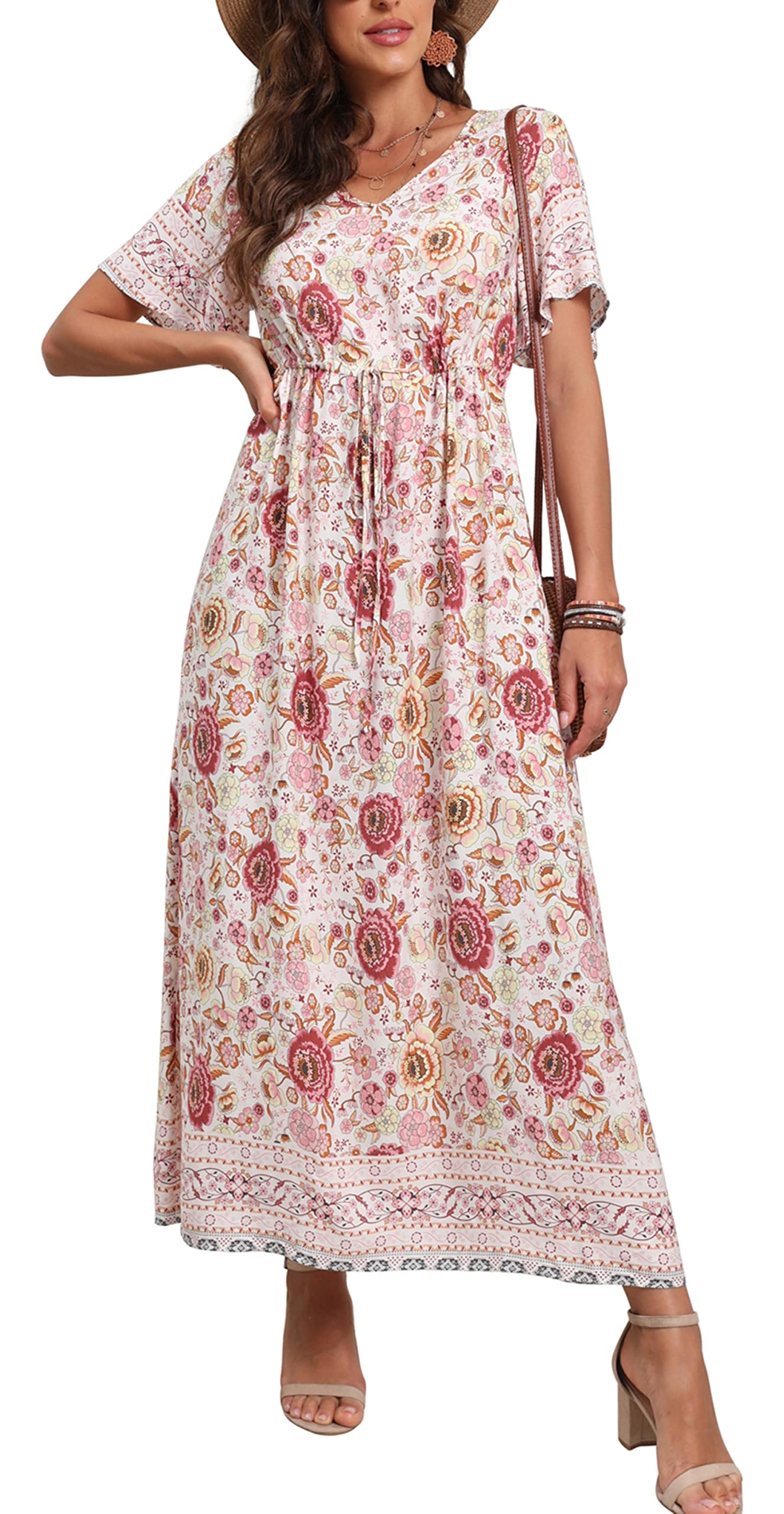 GRECERELLEWomens Summer Maxi Boho Beach Dress Floral Print Dress V Neck Short Sleeve Drawstring High Waist Flowy Long Midi Dresses