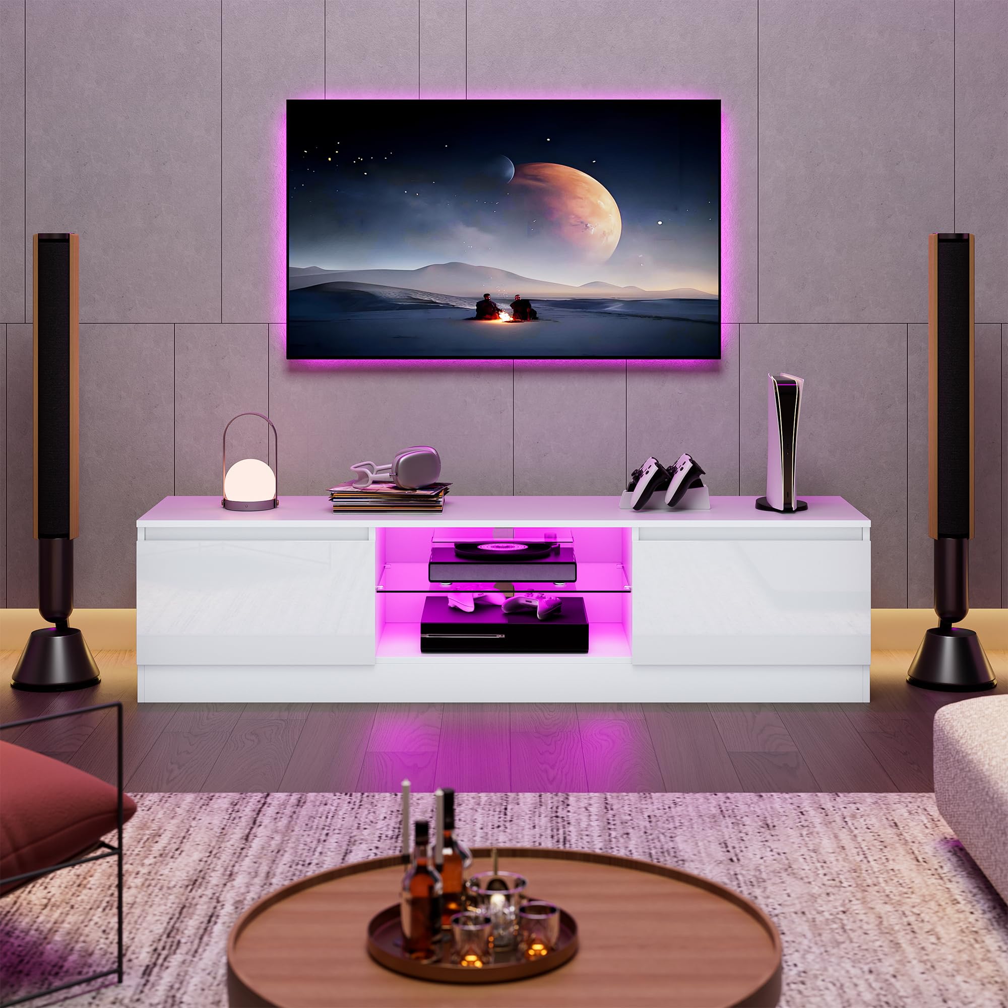 160 cm TV Schrank für Fernseher bis zu 70 Zoll, TV Board mit 16 Farben LED Beleuchtung und 2 Türen, Lowboard Stehend, Fernsehtisch für Schlafzimmer, Wohnzimmer, Esszimmer (Weiß)