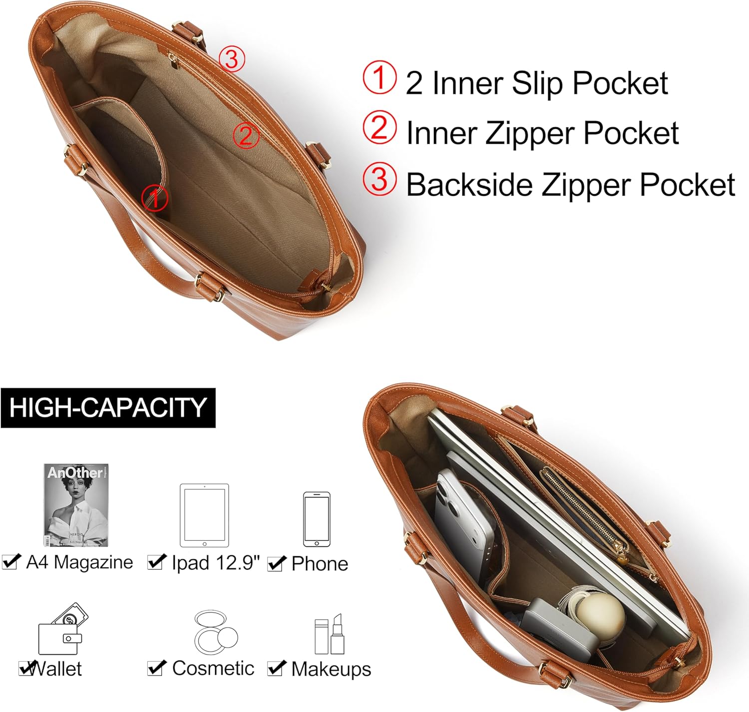 Large Tote Bags for Women, PU Leather Shoulder Satchel Purse and Handbags for Work, College, Travel - Image 7