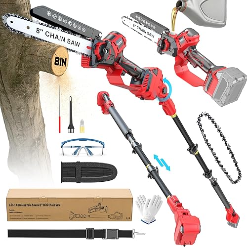 Sierra de poste eléctrica 2 en 1 compatible con batería Milwaukee de 18 V, mini motosierra de 8 pulgadas sin escobillas con poste de extensión,