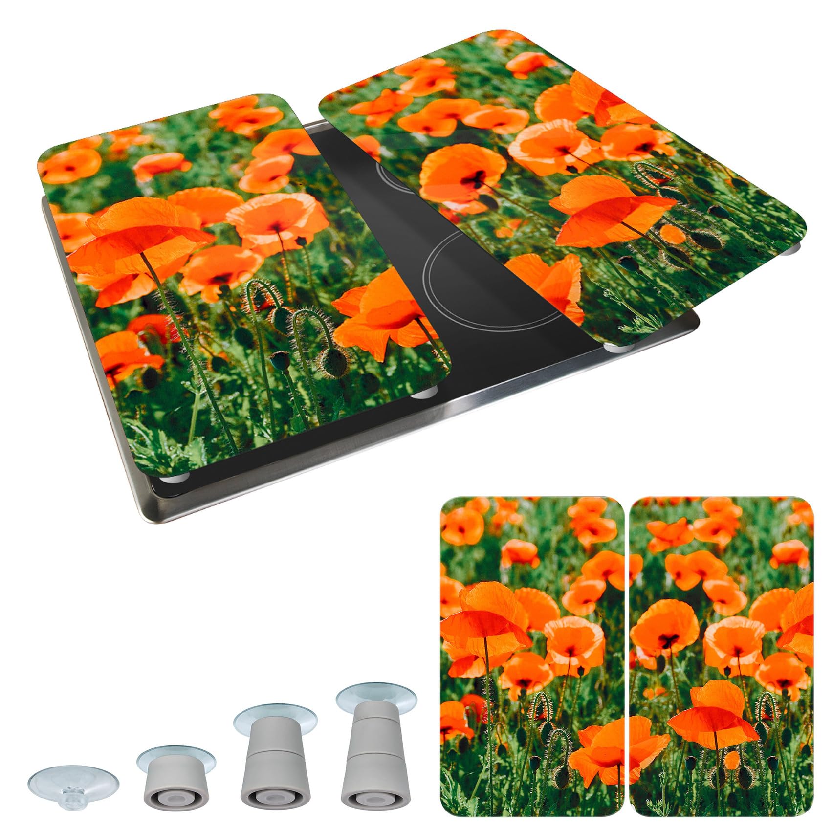 WENKO Plaque de Recouvrement Universelle Mod. Champs de Coquelicots, réglable en hauteur pour tout type de cuisinière, planche à découper et protection anti-éclaboussures, verre, 30 x 52 cm, 2 pièces