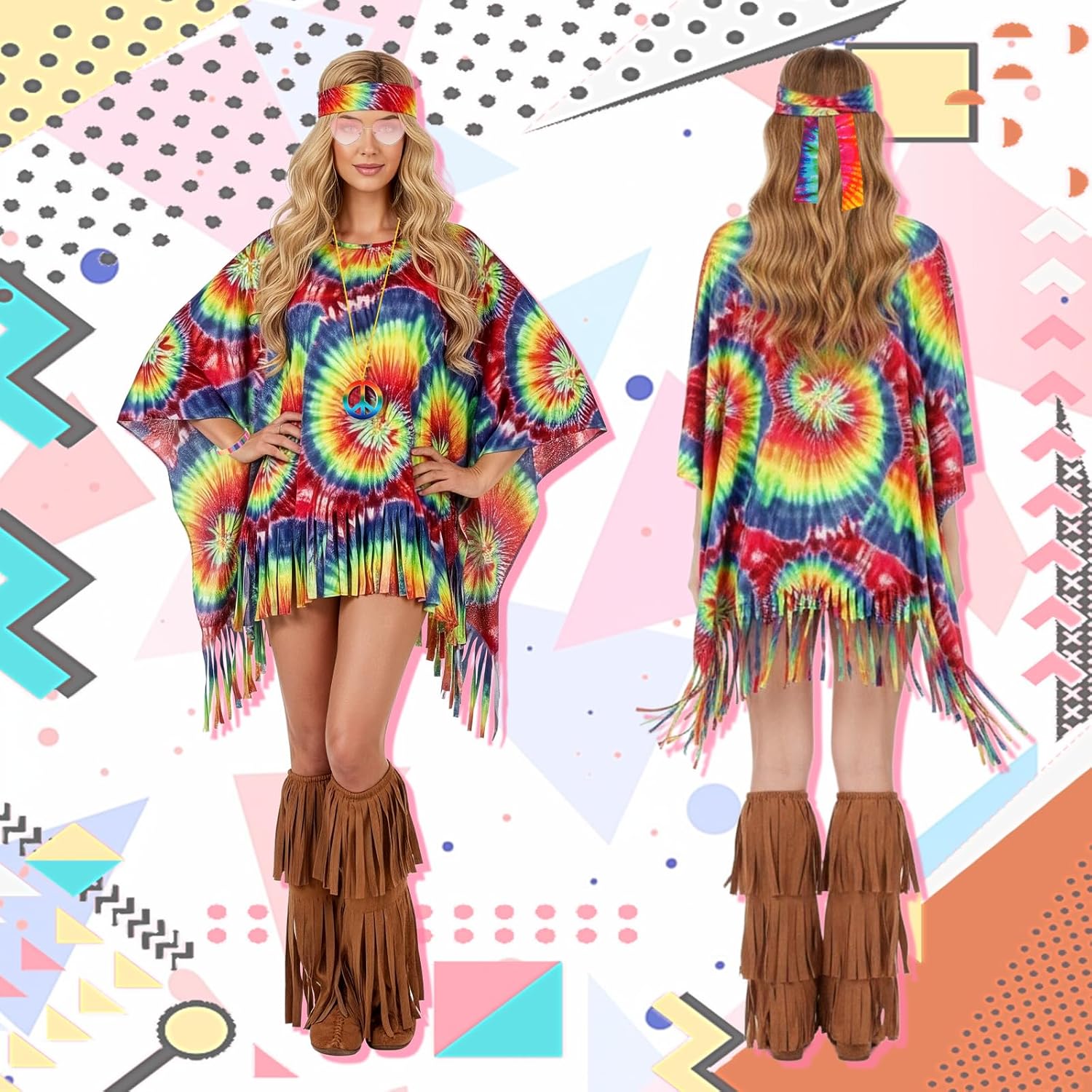 Carreuty 8 Pcs 70s Hippie Costume for Women 60s Outfits for Women Accessories Set Fringe Leg Covers Peace Necklace Earrings Sunglasses Hand Rope Retro Disco Fancy Dress for Cosplay Party