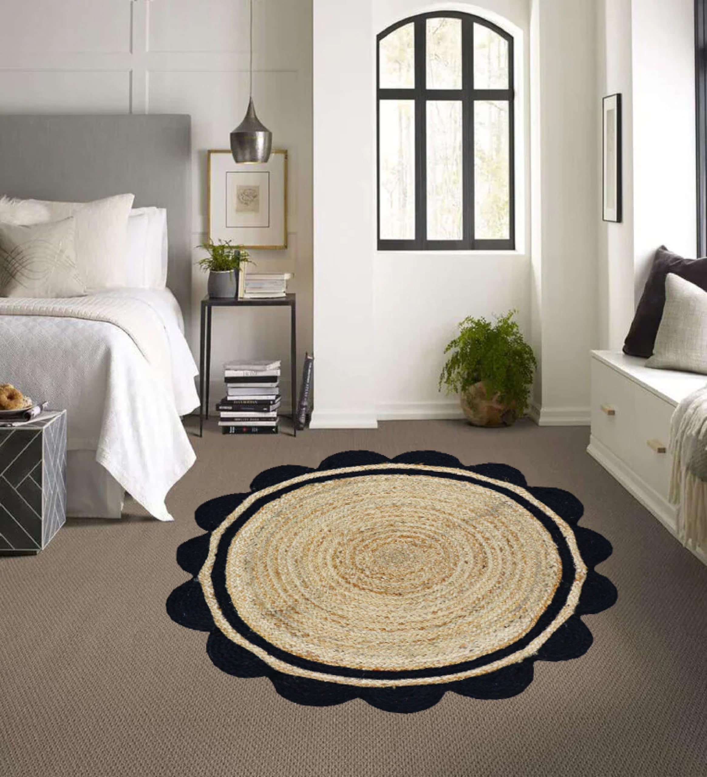 Tapis rond festonné en jute naturelle – Tapis tressé tissé à la main, respectueux de l'environnement et durable, décoration style rustique bohème pour salon, chambre à coucher ou entrée