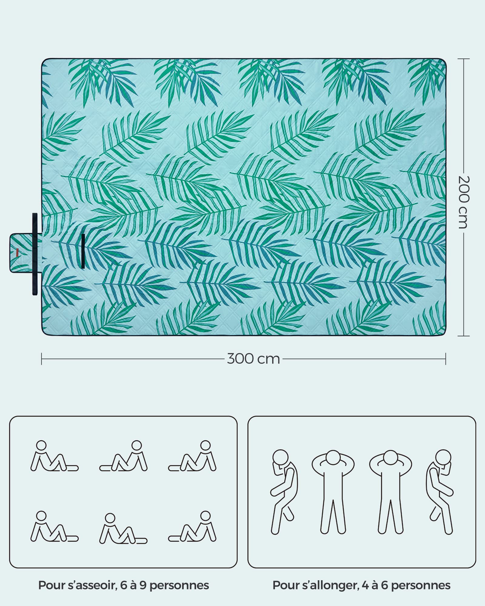 SONGMICS Couverture de Pique-Nique, 300 x 200 cm, Grand Tapis, pour Camping, Parc, Jardin, Plage, Hydrofuge, Lavable en Machine, Pliable, Motif Fougère et Bleu Clair GCM001Q03