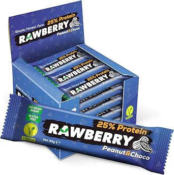 RAWBERRY 25% Protein Bar, Healthy Snack, Peanut and Raw Cocoa, Extra Sugar-Free, Vegan, Gluten-Free, Nuts and Dried Fruit Bar 15 Pieces in a Box