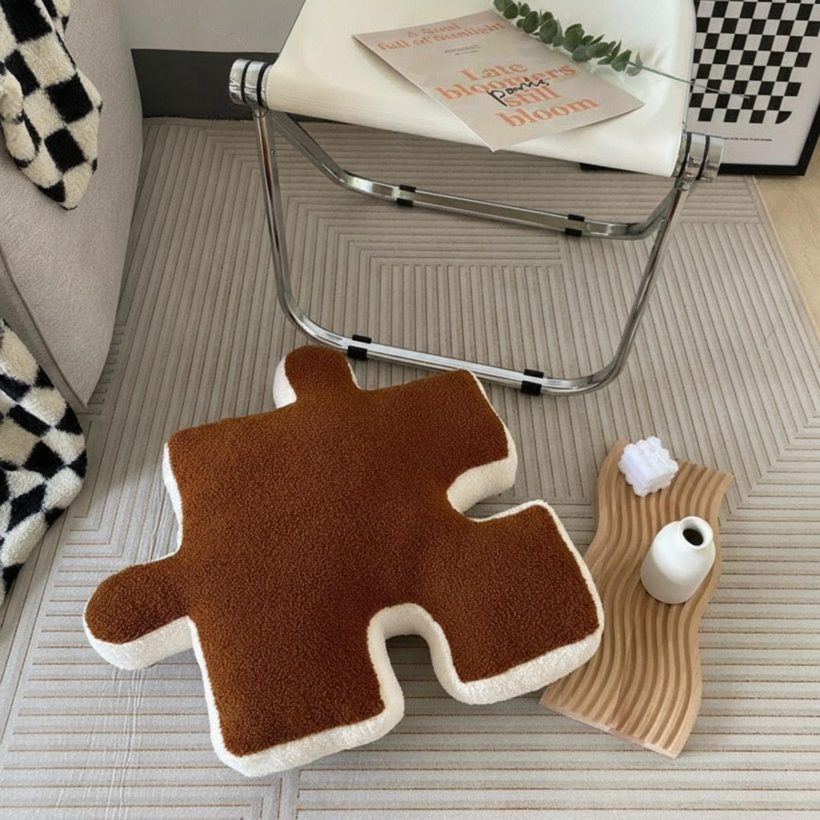 Cojín con Forma Puzzle Morno Cojín Boucle Acogedor Almohada Piso con Forma Rompecabezas para Dormitorio, Negro