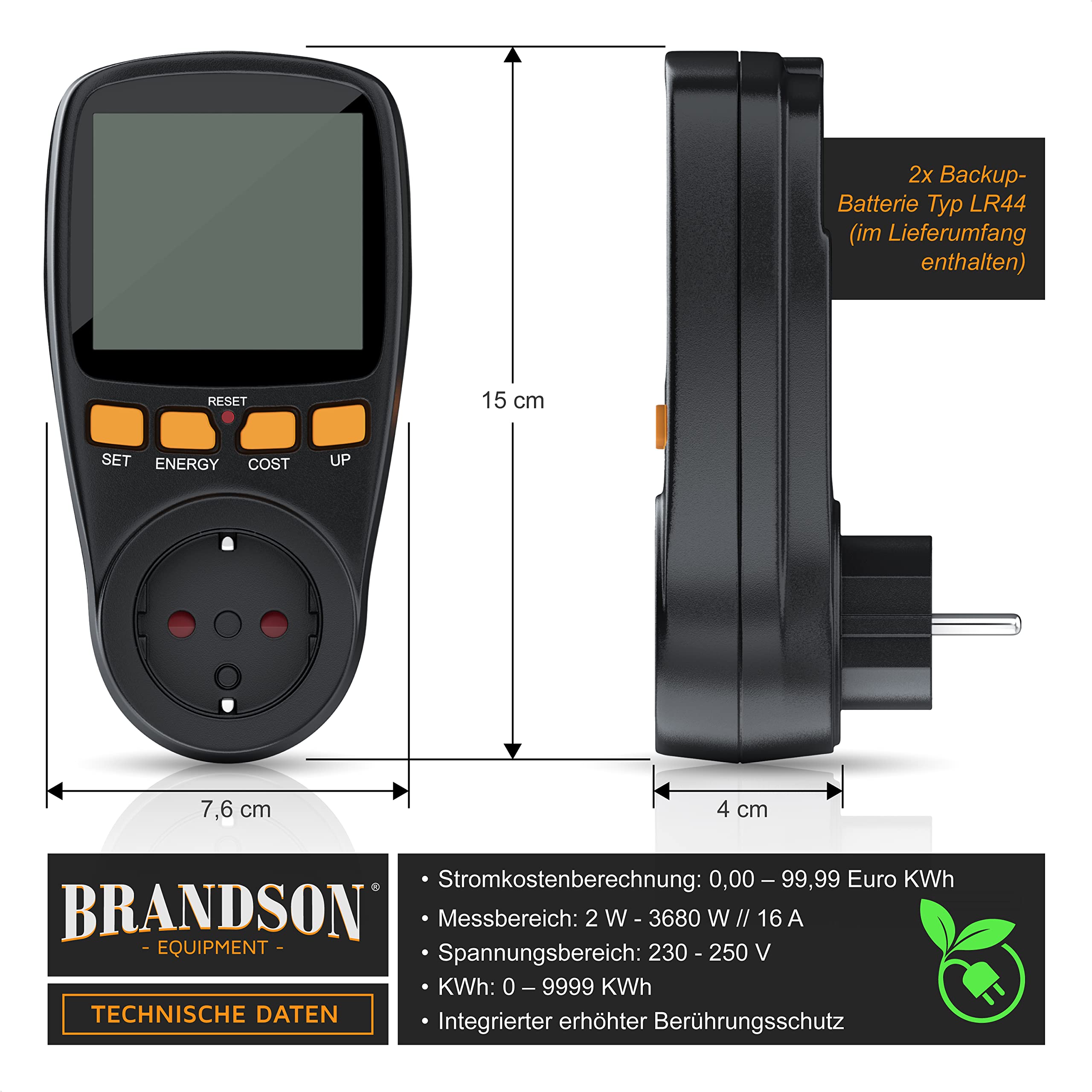 Brandson - 3x digitales Energiekostenmessgerät - Strommessgerät, Energiekosten Anzeige - Stromzähler Steckdose - 3680W - Energiemessgerät mit integriertem erhöhtem Berührungsschutz