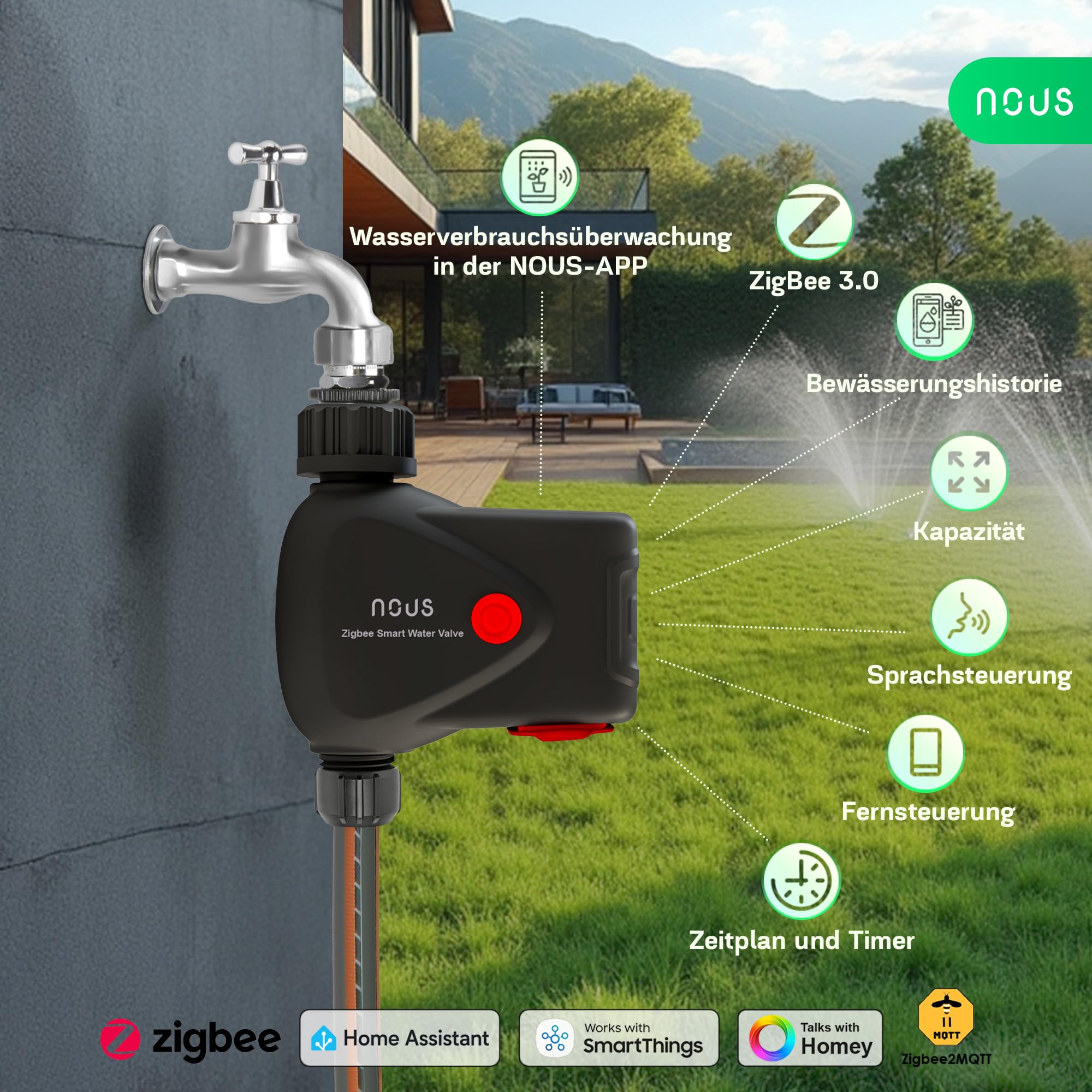NOUS ZigBee Smart Wasserhahn-Ventil, Bewässerungssteuerung IP66, Kompatibel mit Alexa, Google Assistant, Smart Life, Timer & App-Fernbedienung, Batteriebetrieben, 3/4 Zoll, für Garten, ZigBee-Hub Erfo