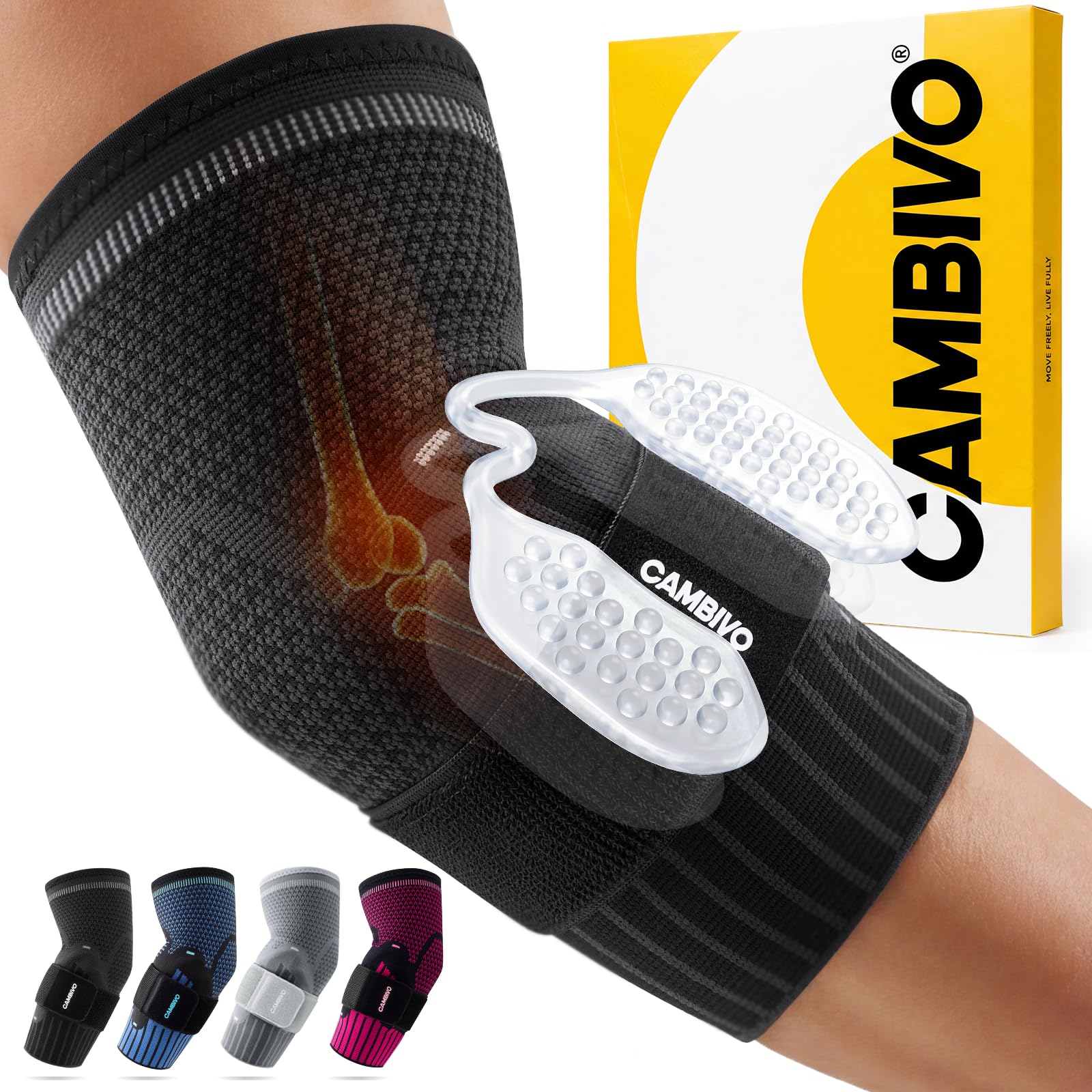 CAMBIVO Ellenbogenbandage mit Dual Silikonpolster für Tennisarm & Golferarm, Kompressions Arm Sleeve mit Verstellbarem Riemen, Bandage Ellenbogen Herren Damen für Sport & Schmerzlinderung