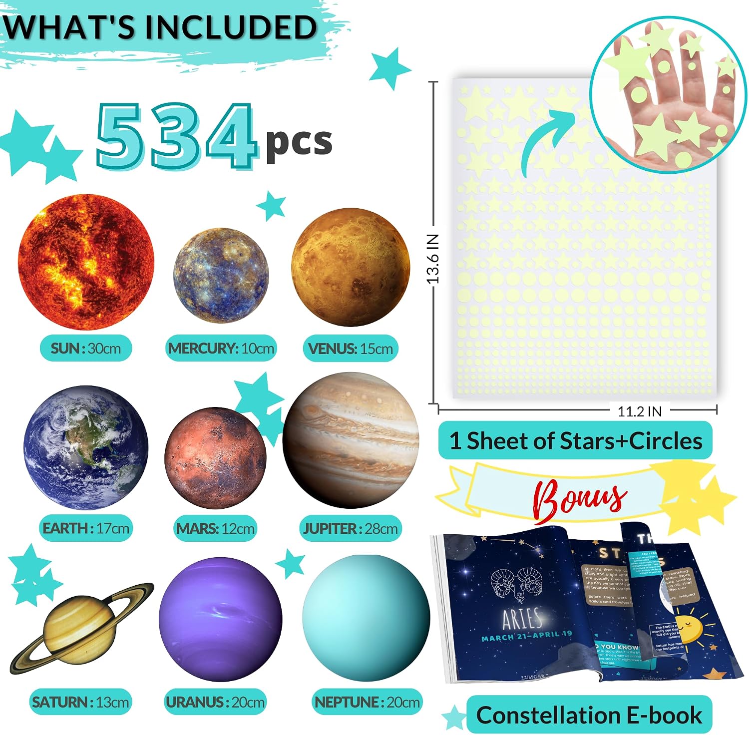 LUMOSX Glow in The Dark Stars & Planets for Ceiling, 754pcs, Multicolor, Plastic, Space Style, Stickers
