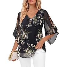 Bebonnie Womens Ruffle 3/4 Sleeve V Neck Double Layers Chiffon Blouses Dressy Tunic Tops