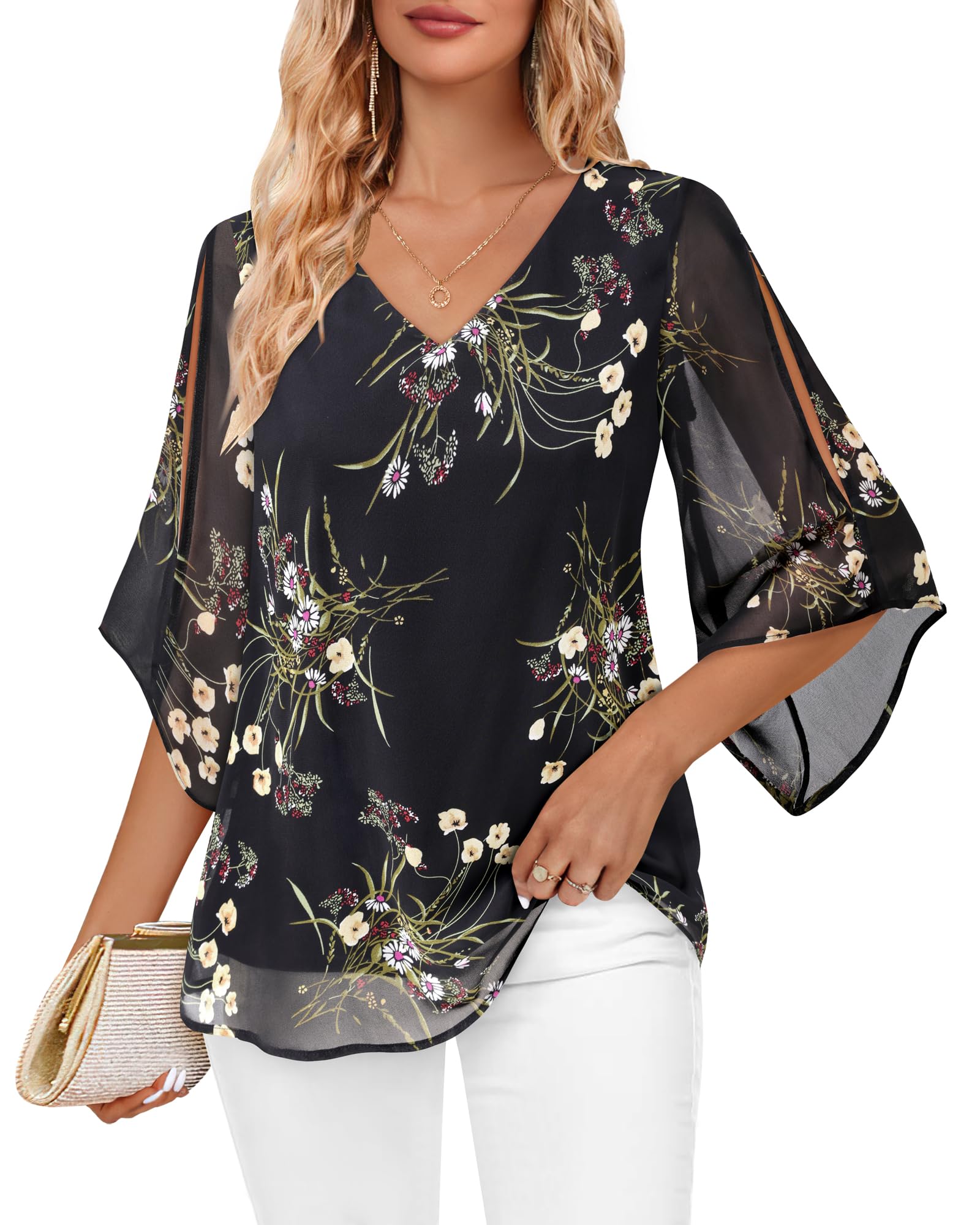 Gaharu Damen Blusen & Tuniken V-Ausschnitt 3/4 Ärmel Elegant Lässig | Vielseitig kombinierbar für Büro, Alltag, Hochzeit, Party und Cocktail – elegant lässig, figurfreundlich und ganztägig bequem