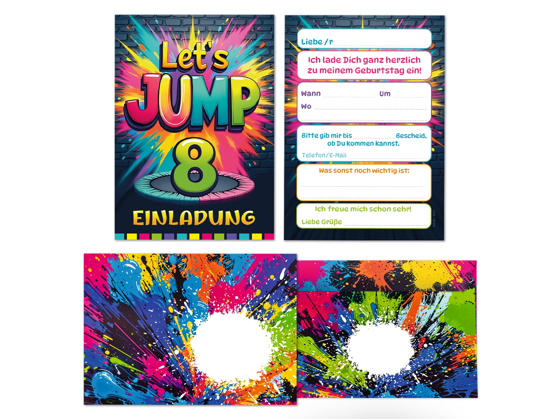 Junaversum 12 Einladungskarten inkl. 12 Umschläge zum 8. Kindergeburtstag Jump Party Jungen Mädchen Kinder coole bunte Einladungen achte Geburtstag Geburtstagseinladungen Kids