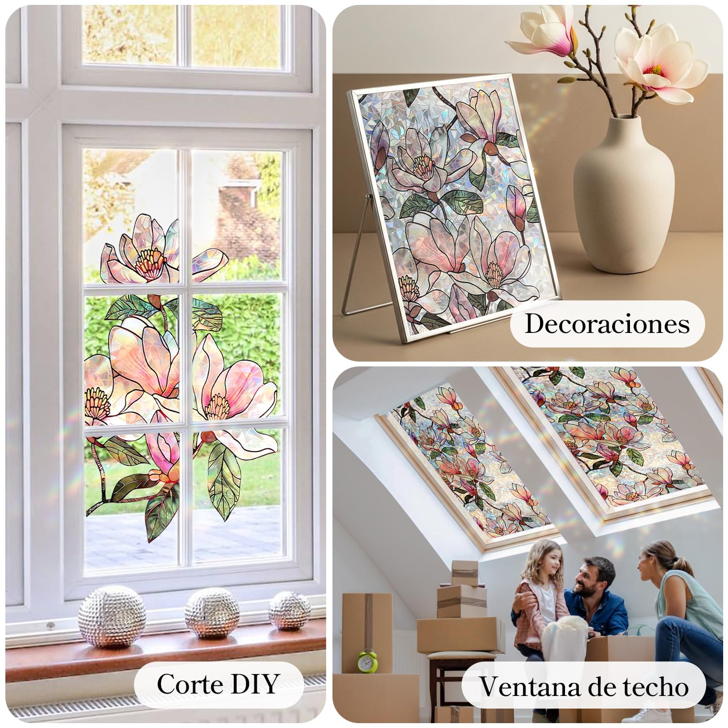 Qualsen Vinilos para Cristales Efecto Arcoiris Vinilo Ventana Privacidad Patrón de Flor de Magnolia Electrostática Decorativos Vinilo Cristal Anti UV No Adhesivo Lámina para Hogar Bano 90x400cm