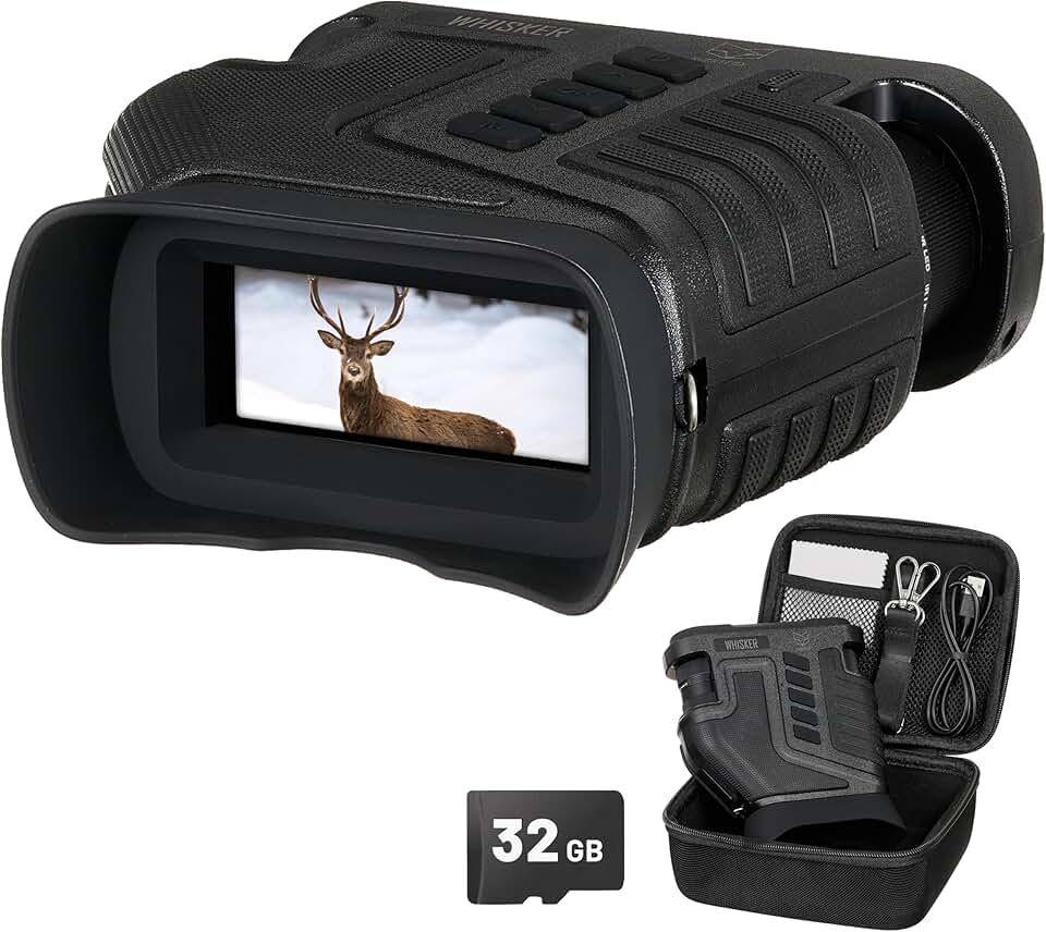 Prismaticos vision nocturna Nightfox Whisker | Zoom óptico ajustable 1-10x | Potente alcance de 900 pies | Graba videos, es recargable vía USB | 32GB de memoria, Catalejo de vision nocturna con cámara