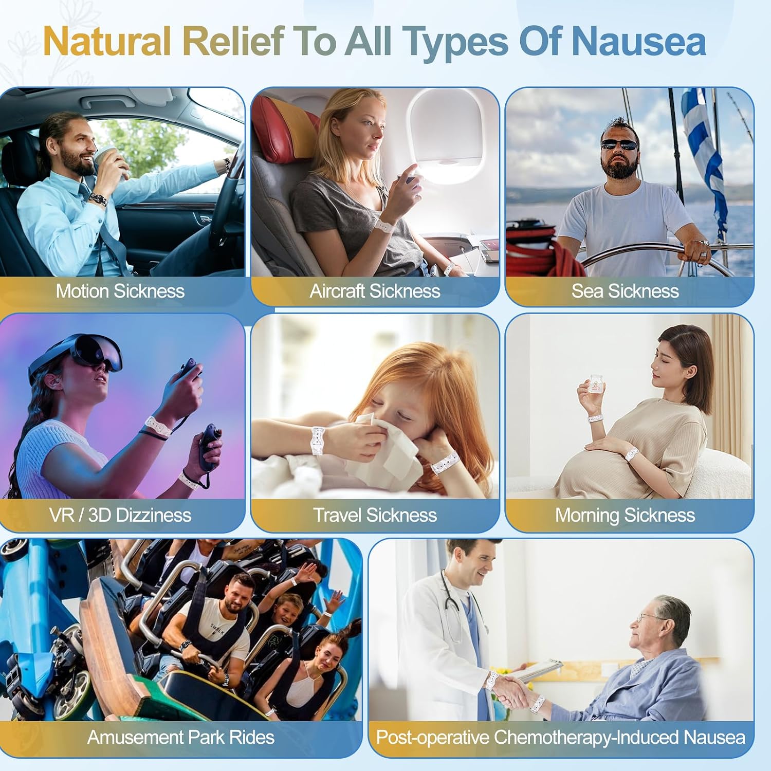 Motion Sickness Bands Anti Nausea Natural Relief Wristbands Adjustable Acupressure Nausea Wristband for Travel Nausea Relief of Headaches, Insomnia, Anxiety,Morning Sickness- White/Nude