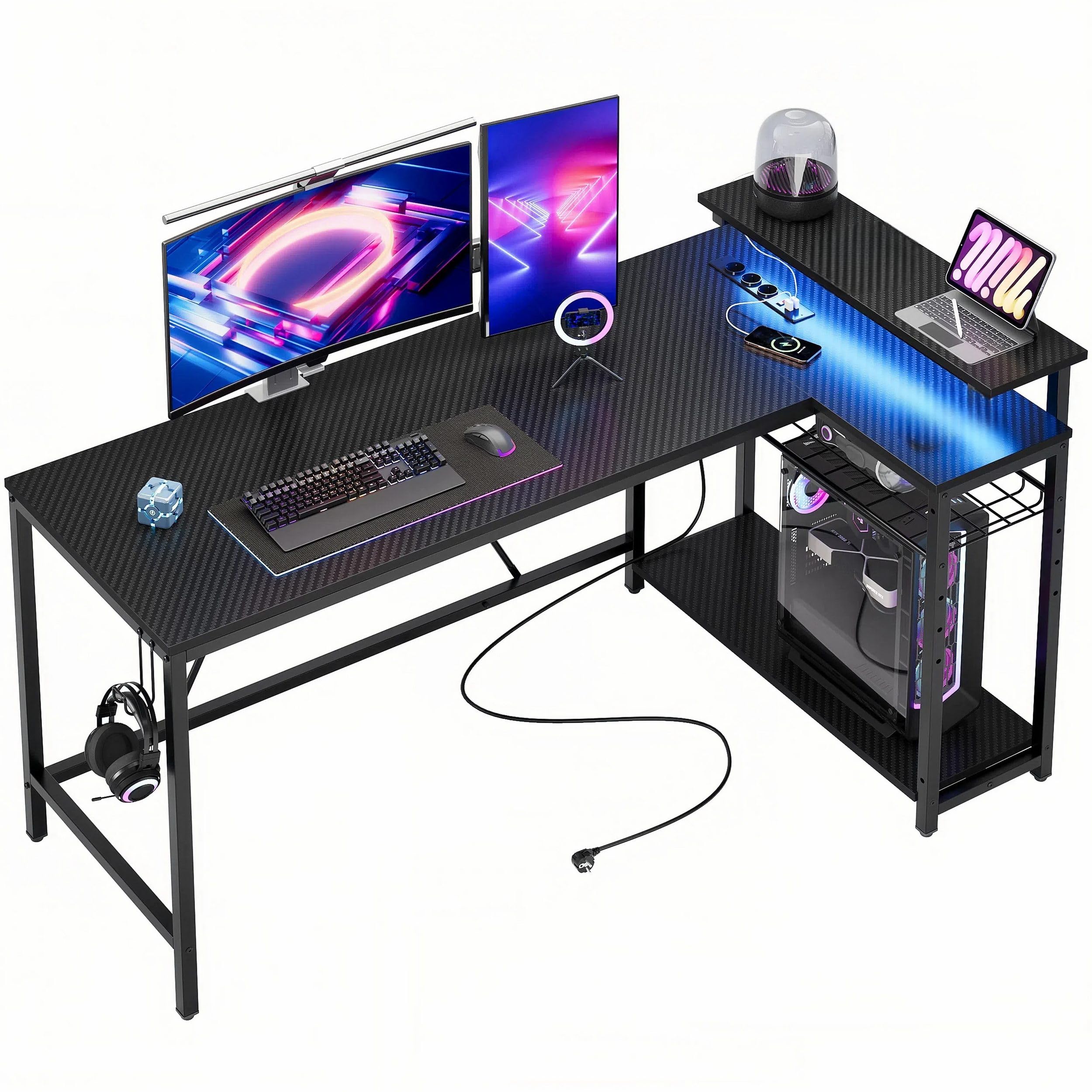 Bestier 147CM L Shaped Gaming Desk con luci LED e prese di corrente, scrivania ad angolo reversibile per l'ufficio domestico con ripiani, postazione PC più grande con ganci per lo studio, Nero