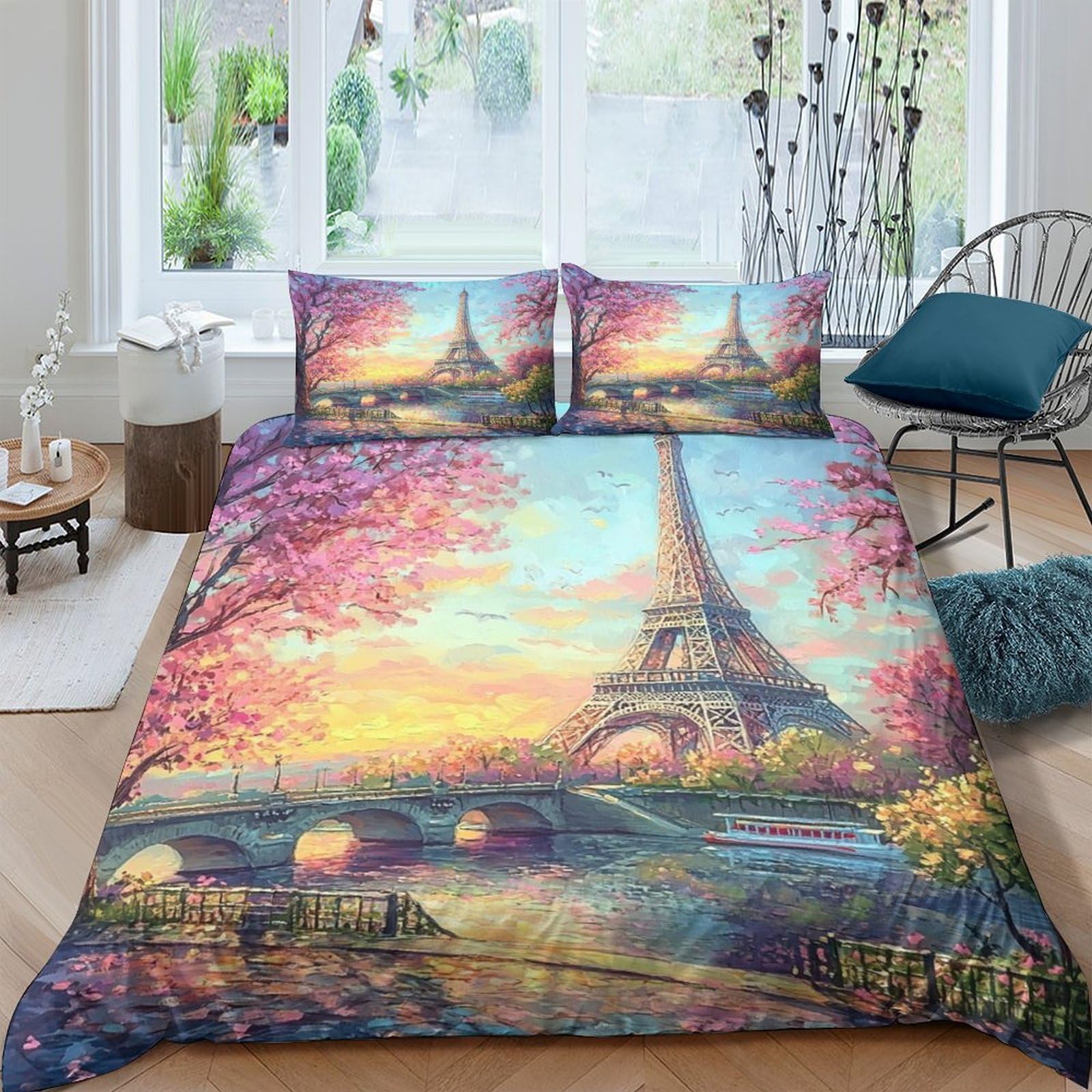 Housse de couette Tour Eiffel 3D parure de lit microfibre avec taie d'oreiller pour lit ado K