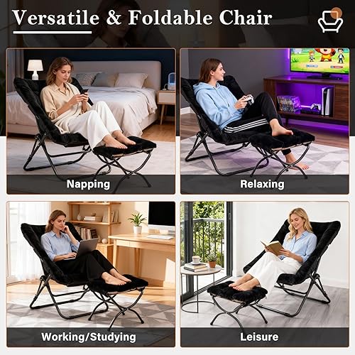 Miniatura 5 de Silla plegable de piel sintética de gran tamaño con otomana, silla de platillo suave XL, marco de metal plegable para dormitorio, sala de estar,