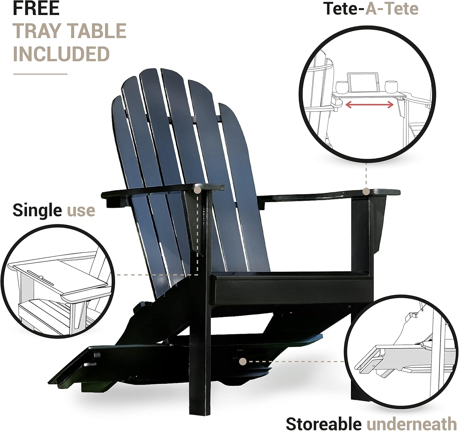 Cambridge Casual Solid Wood 2 Piece Magnolia Adirondack Chair with Tray Table, Black