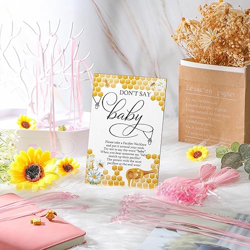 Miniatura 4 de Geetery 51 piezas de letrero de juego con texto en inglés Don't Say Baby Game para baby shower, 50 collares de madera con texto en inglés Don't Say
