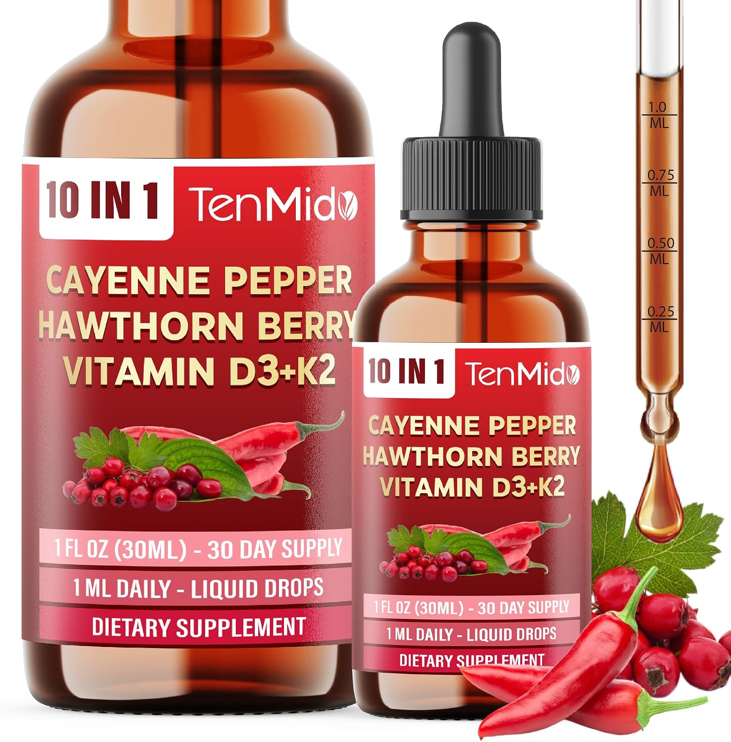 10in1 Cayenne Pepper Liquid Drops with Vitamin D3, Vitamin K2, Hawthorn Berry, Beet Root, Ginger, Ceylon Cinnamon, Turmeric, Berberine and Panax Ginseng - 30 Days Supply