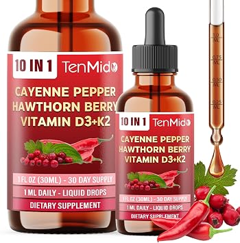 10in1 Cayenne Pepper Liquid Drops with Vitamin D3, Vitamin K2, Hawthorn Berry, Beet Root, Ginger, Ceylon Cinnamon, Turmeric, Berberine and Panax Ginseng - 30 Days Supply
