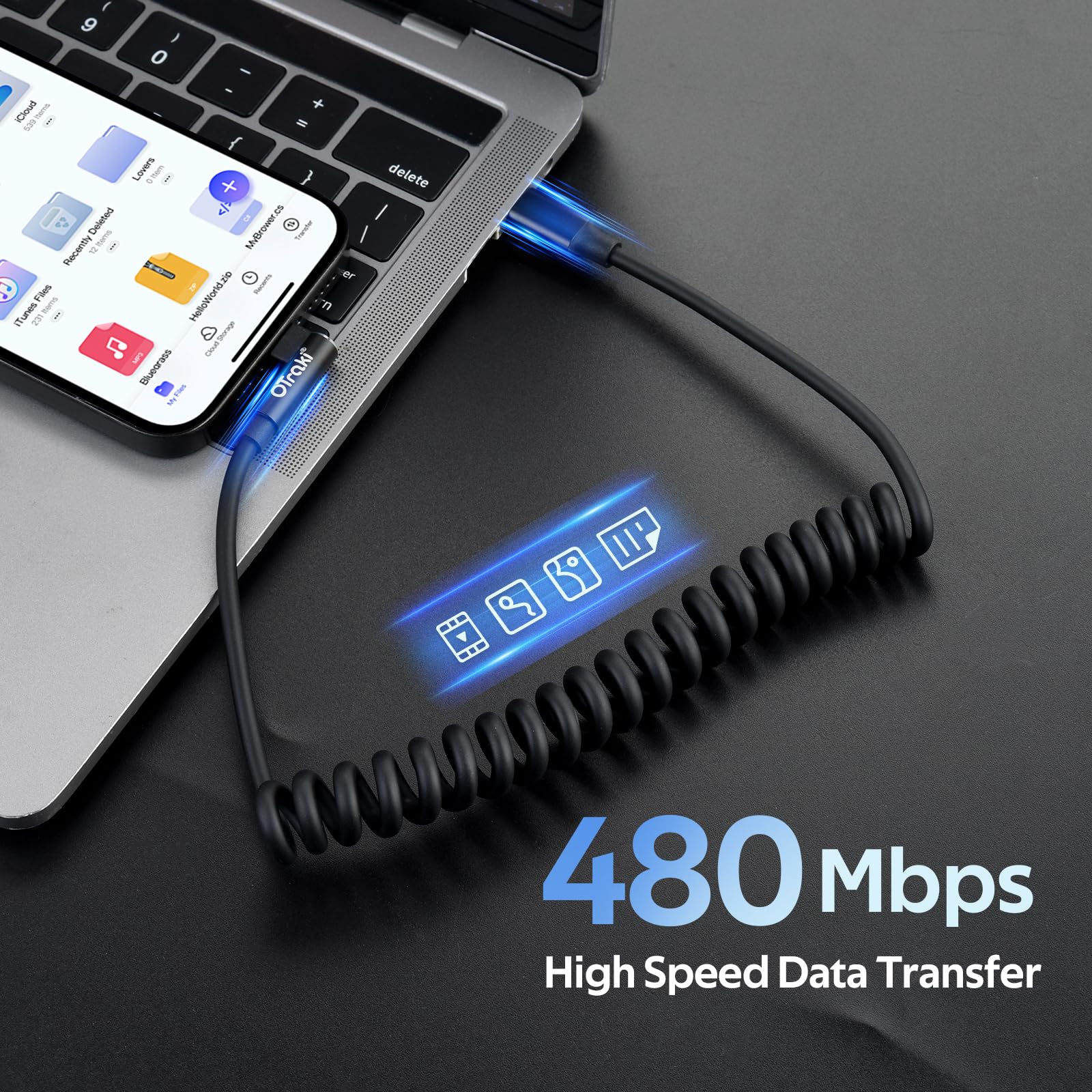 OTraki Cavo USB C a Spirale Corto 240W Cavo USB C Retrattile [0,3-0,8M] Cable USB Type-C 90 Gradi Supporta QC3.0 Compatibile con iPhone 17 16 15, per Samsung Galaxy S25 S24 S23 S22, per iPad Pro Air