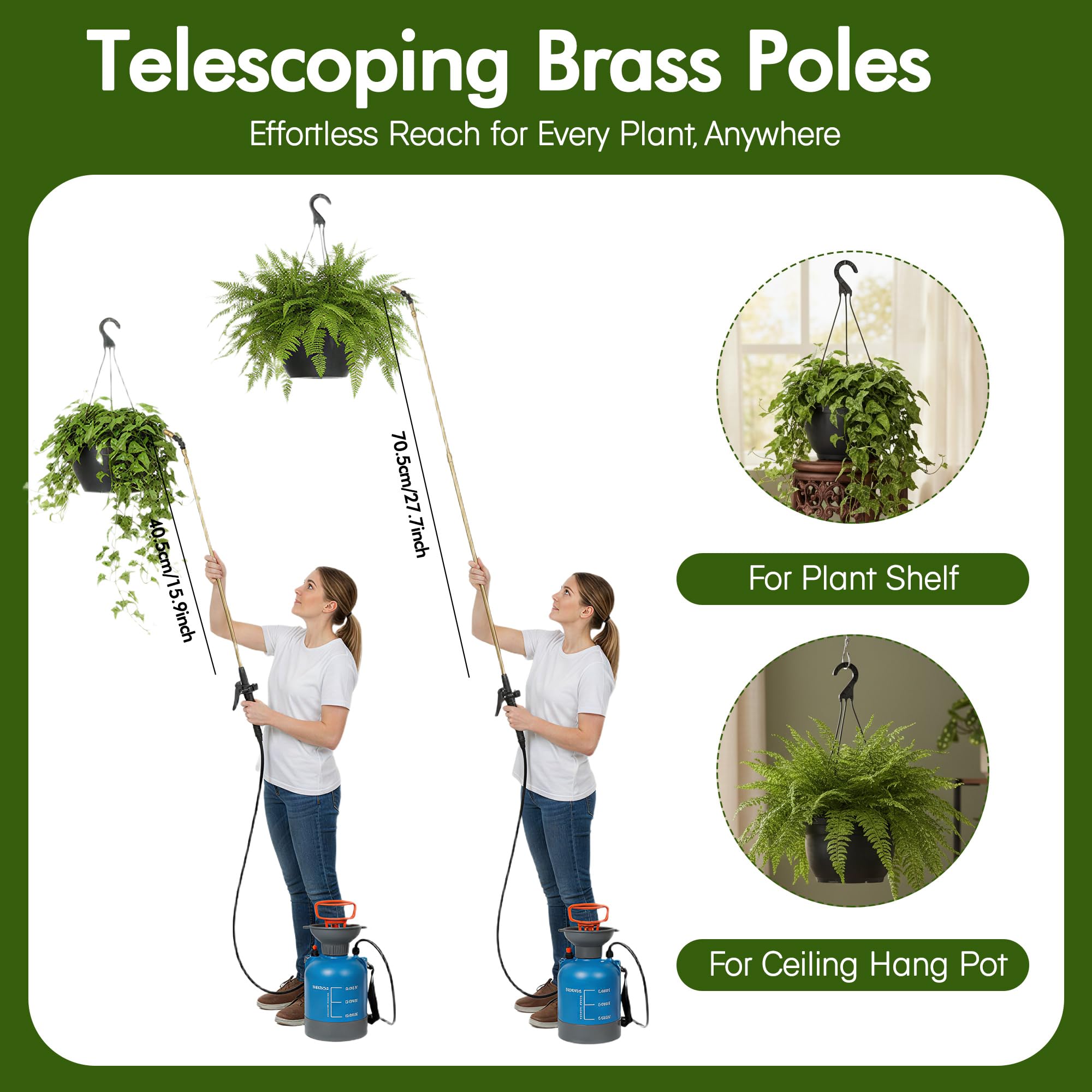 Riego de plantas de alto alcance para plantas colgantes de interior, pulverizador de presión de bomba telescópica con varita de latón y boquilla de riego ajustable de 180°, dispositivos de riego