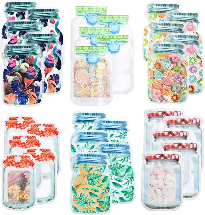 30 Pack Mason Jar Zipper Bags Reusable Food Storage Bags for Snack Sandwich Nuts