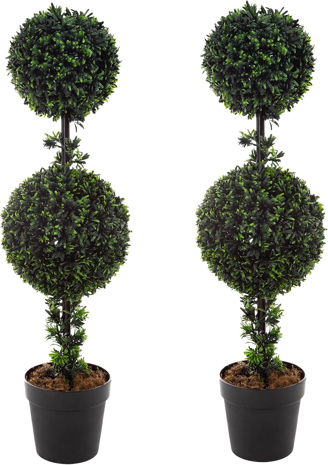 Set of 2 Topiary Trees - 36-Inch Double Ball Podocarpus Fake Plants - Realistic Indoor or Outdoor Potted Faux Plants for Home Decor by Pure Garden