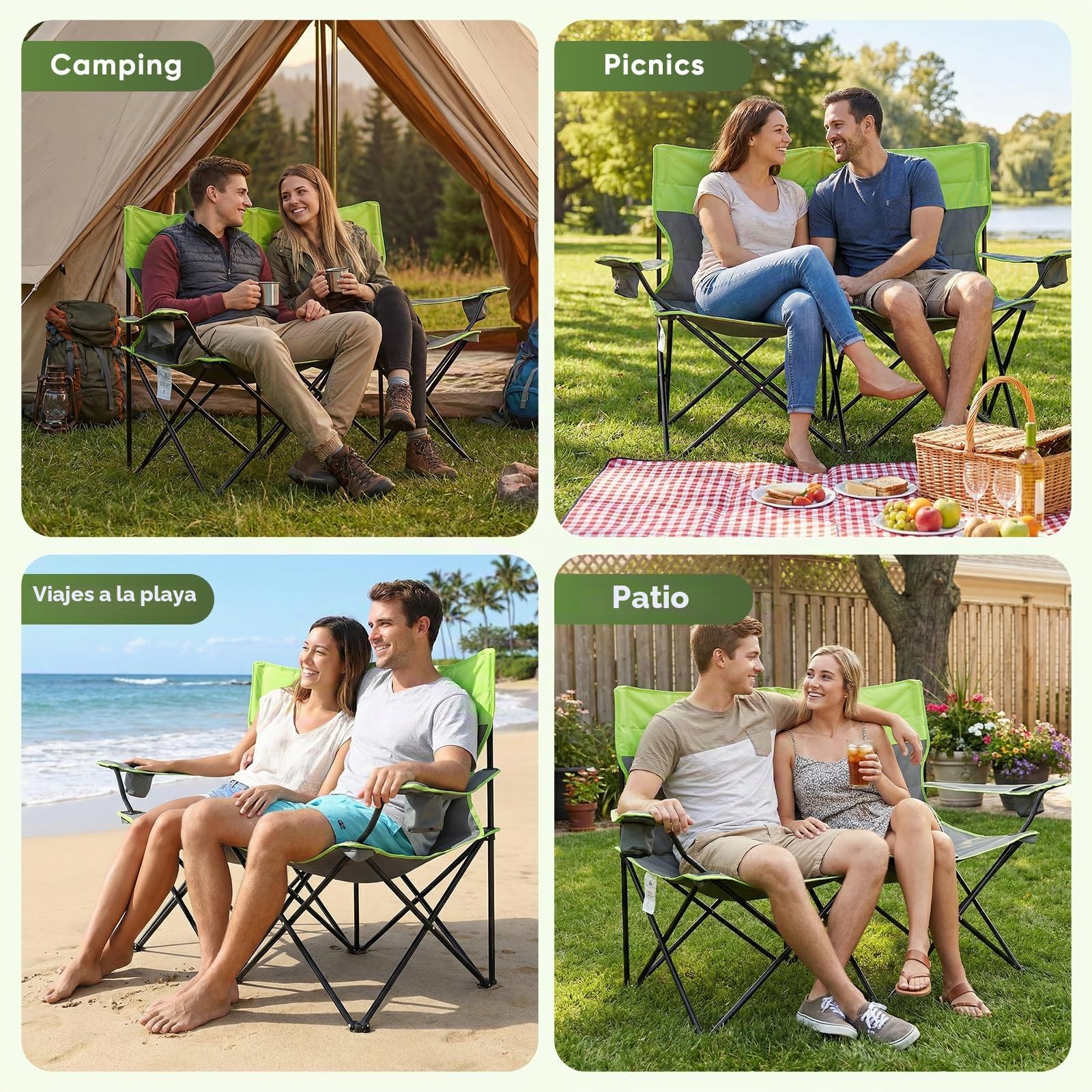 Silla de camping doble Rhyvorax para 2 adultos, sillas de camping plegables de alta resistencia con portavasos, silla de playa portátil para exteriores, jardín, picnic, pesca – Soporta 300kg (Verde +