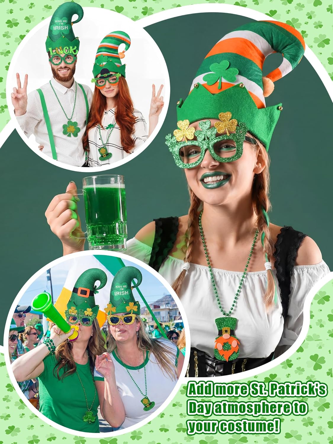 36 Pcs St. Patrick's Day Party Favors Hat Accessories Set Green Leprechauns Felt Hat Shamrocks Bead Necklace Clover Sunglass for Saint Patricks Party Decorations Parades Supplies