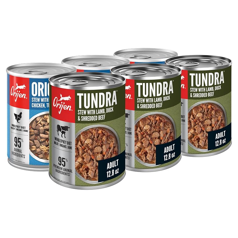 ORIJEN Ração Úmida para Cães Adultos Stew com Tiras Tundra e Original, Pacote com 6 Latas de 363 g