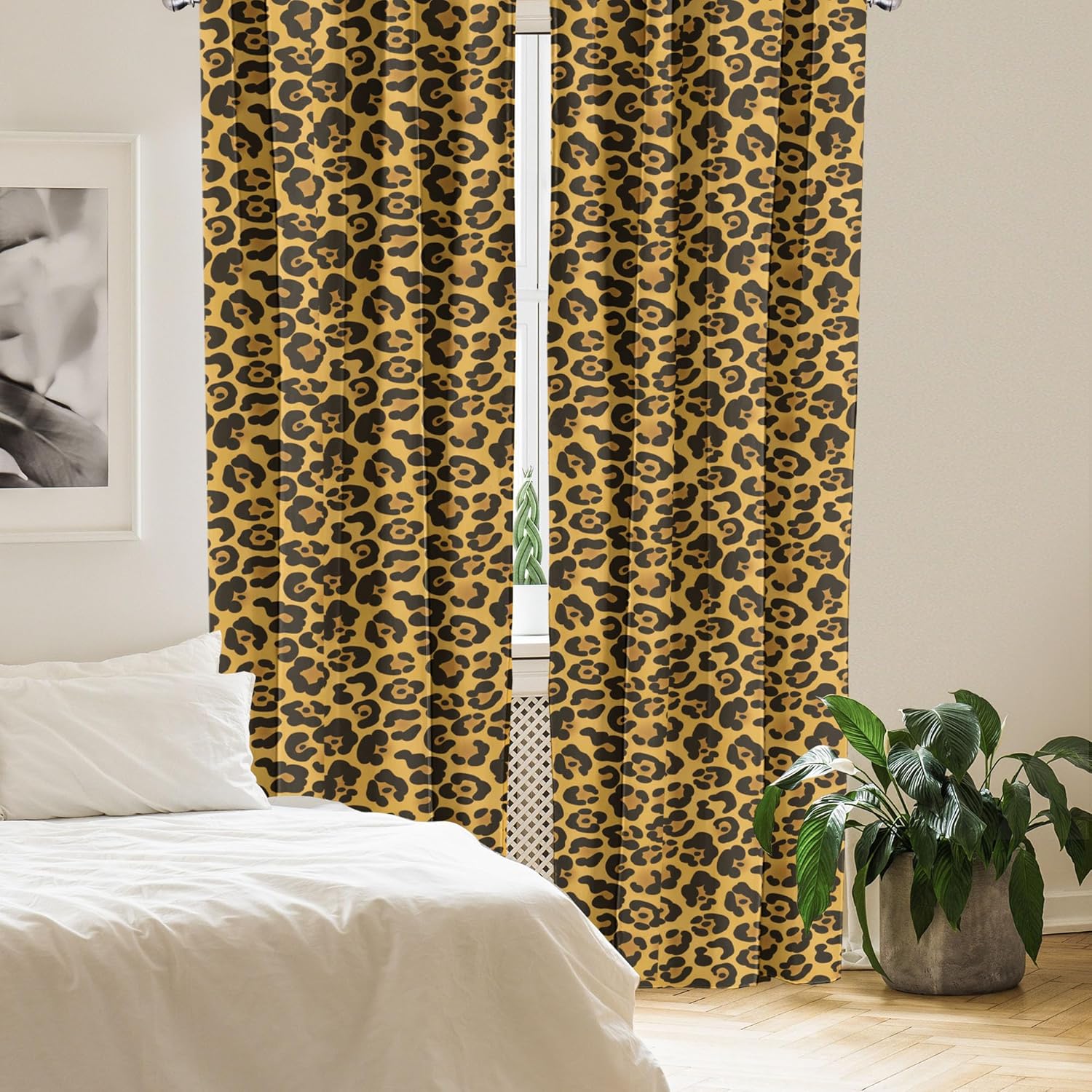 Ambesonne Leopard Print Window Curtains, Rhythmic Pattern of Natural Animal Skin Wild Cats, Lightweight Decor 2-Panel Set with Rod Pocket, Pair of - 28" x 95", Yellow Amber