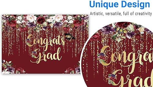 Miniatura 2 de Funnytree Telón de fondo de fiesta de graduación de 82 x 59 pulgadas, para clase de 2024, flores rojas burdeos, purpurina dorada, fondo de