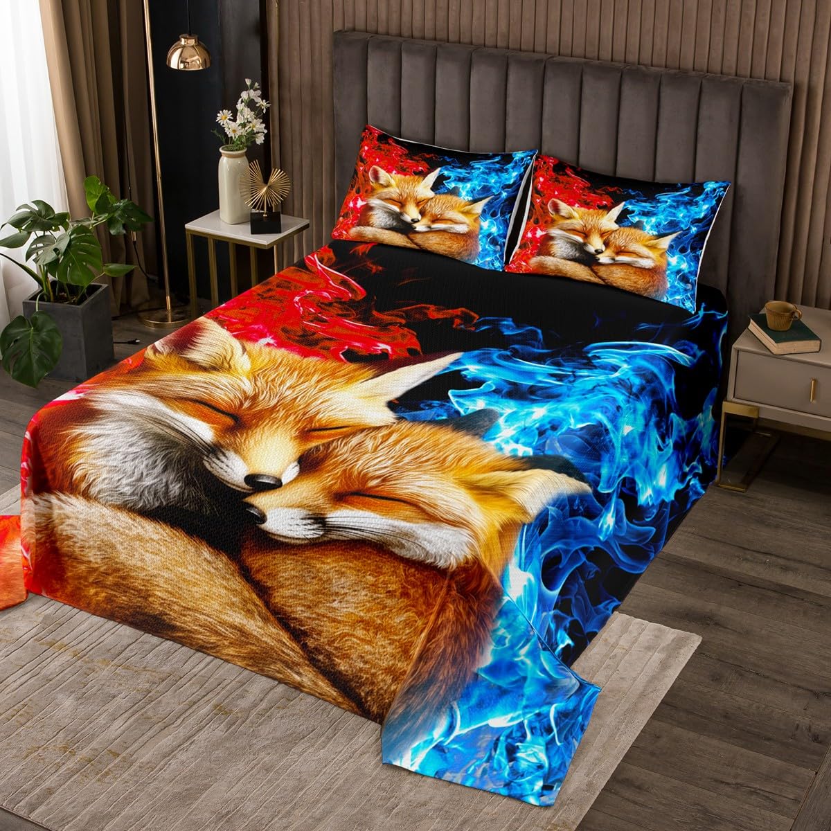 Erosebridal Cute Fox Bedspread Wild Animals Coverlet for Boys,Abstract Art Smoking Quilt Set,Red Blue Bed Set King Size for Kids Children Teens Home Decor