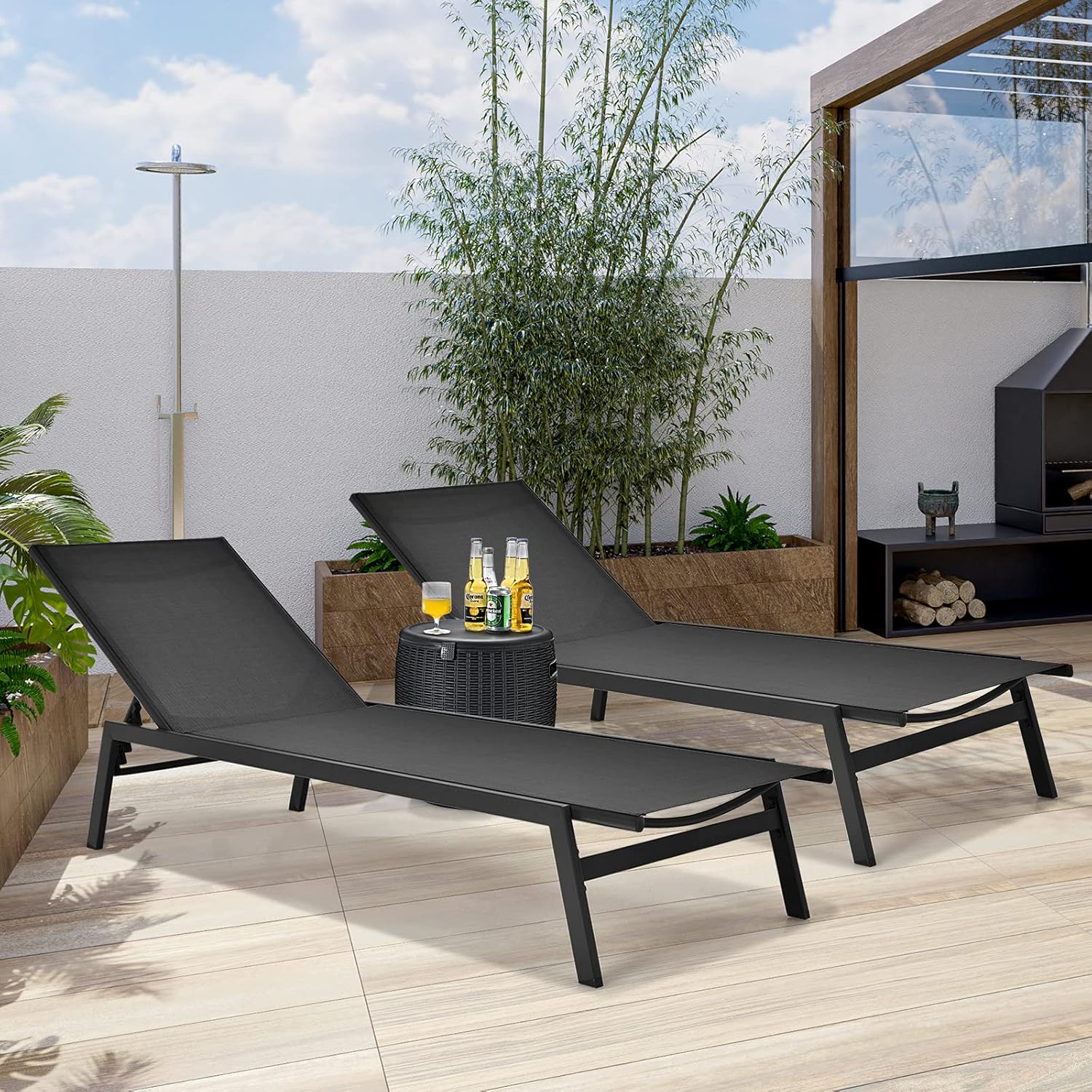 Tangkula Outdoor Chaise Lounge Chair, 6-Position Adjustable Reclining Chair with Breathable Fabric and Heavy Duty Steel Frame, Patio Lounge Chair for Garden, Backyard and Poolside (1, Black)