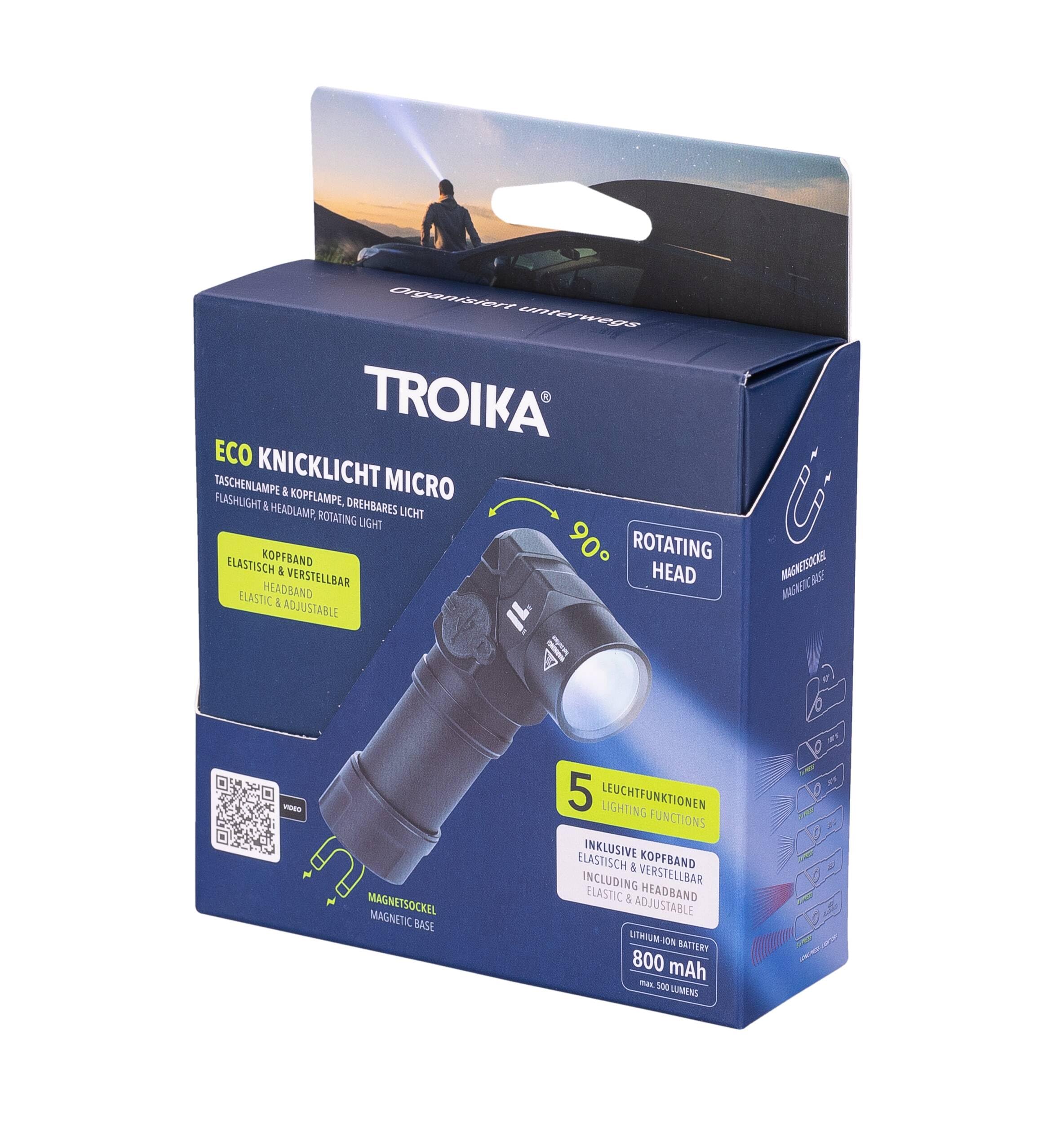 TROIKA Taschenlampe/Knicklampe, multifunktional: Arbeits-/Sicherheits- und Stirnlicht – ECO KNICKLICHT MICRO – 5 Leuchtfunktionen – Magnetboden, wiederaufladbar – Aluminium – schwarz