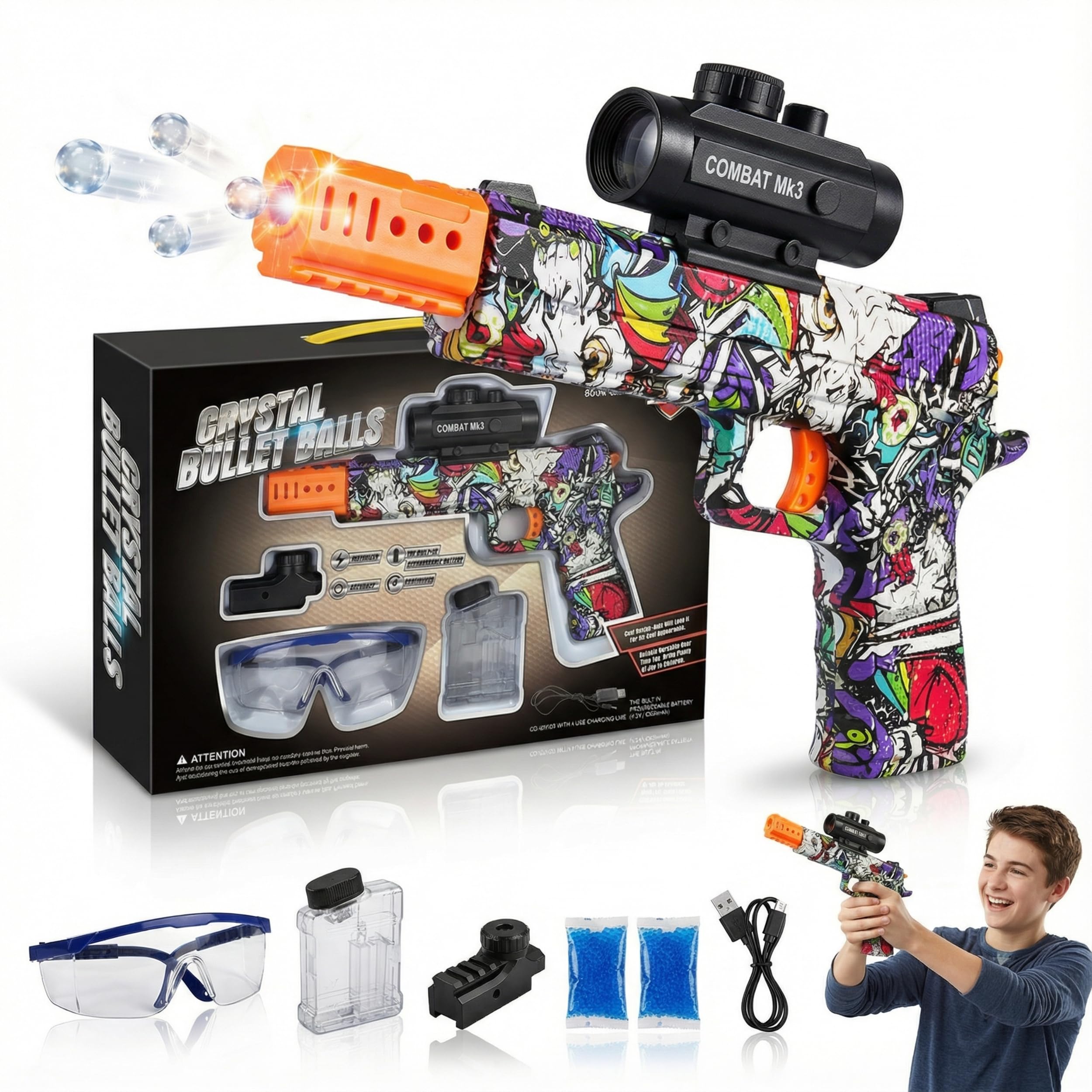 SGM Electric Gel Ball Blaster with 10000 Gel Beads & Goggles, Automatic Splatter Ball Launcher Rechargeable, Water Bead Blaster Outdoor Garden Activity Team Game Toy Gift for Teens Adults 14+ -788