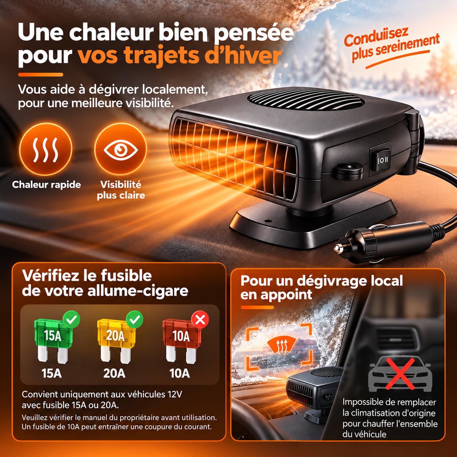 Chauffage de Voiture 12V 200W Desembueur Pare-Brise Portable avec Poignee Pliable et Socle Rotatif 360 Degres