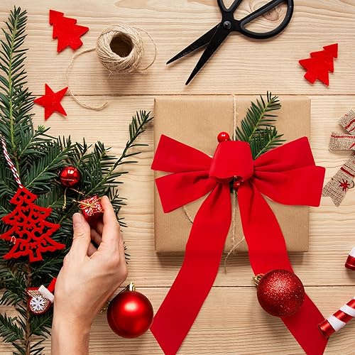Miniatura 7 de Jremreo Paquete de 10 lazos rojos de Navidad para decoraciones de corona, 9 x 13 pulgadas, lazos grandes de terciopelo a granel para decoración de