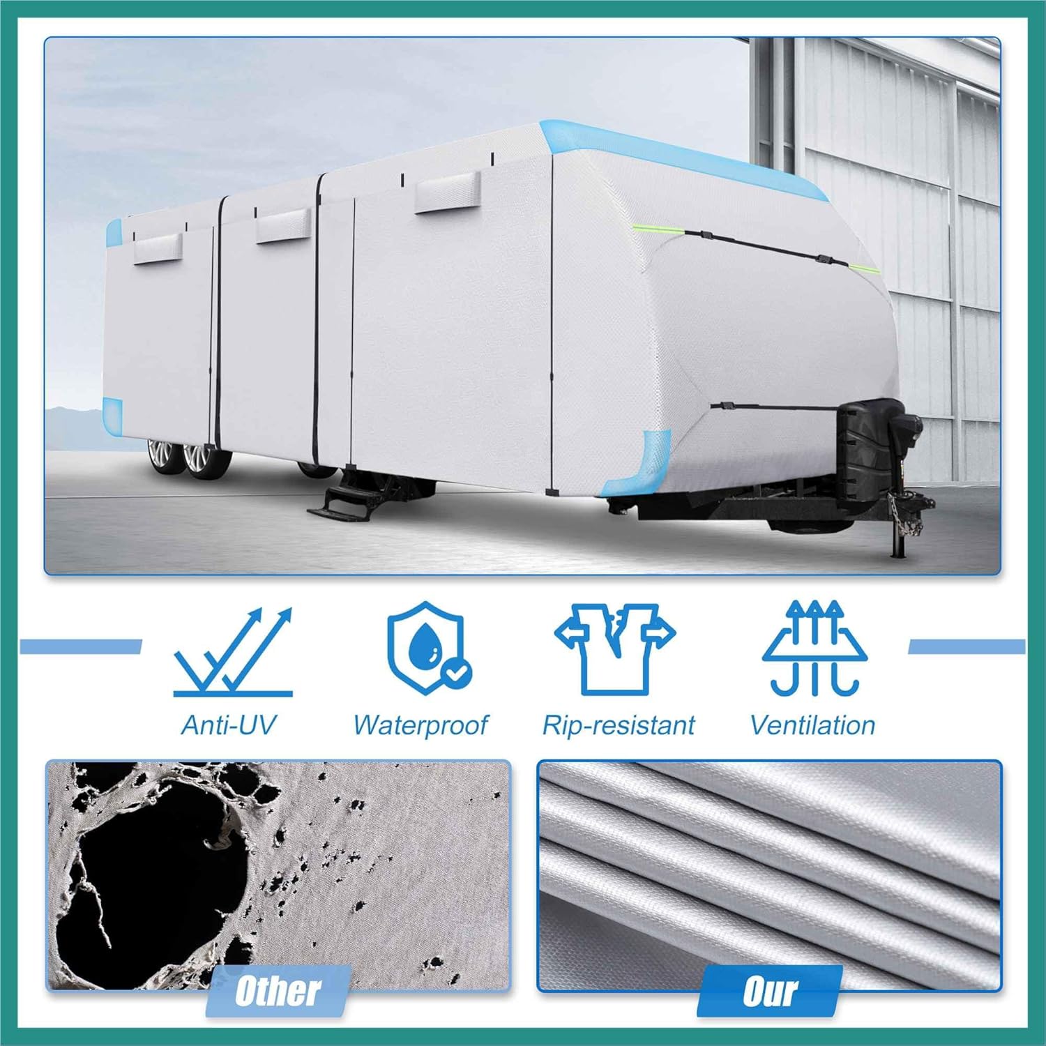 Waterproof RV Cover RV Travel Trailer Cover Fits Windproof Anti-UV Camper Cover All Season Protection with Extra Windproof Ropes and Gutter Covers Silver Tone