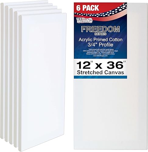 U.S. Art Supply Lienzos estirados de 12 x 36 pulgadas para pintar, imprimado triple de 12 onzas, paquete de 6 unidades, perfil blanco en blanco de