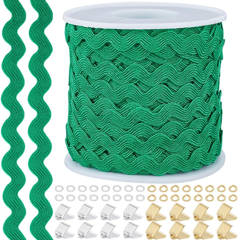 GORGECRAFT 27 Yards Christmas Green Rick Rack Ribbon 1/4 inch~3/8 inch Wave Sewing Bending Fringe Trim with 32Pcs 2 Colors Iron Ribbon Crimp Ends and 64Pcs 2 Colors Jump Rings for DIY Sewing Crafts