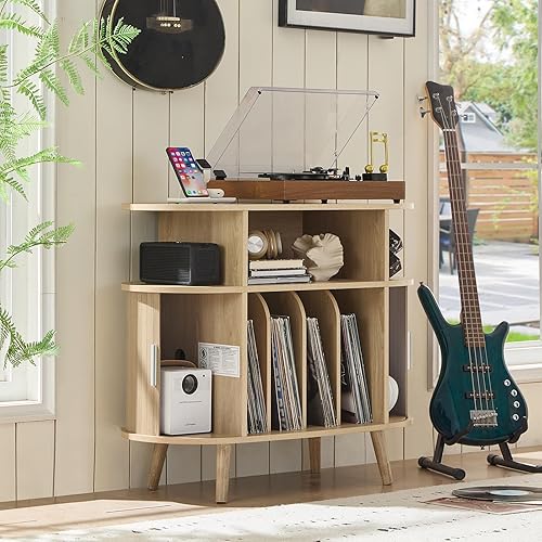 Miniatura 4 de LELELINKY Soporte redondo grande para tocadiscos con estación de carga y estante de exhibición estriado, gabinete giratorio moderno de mediados de