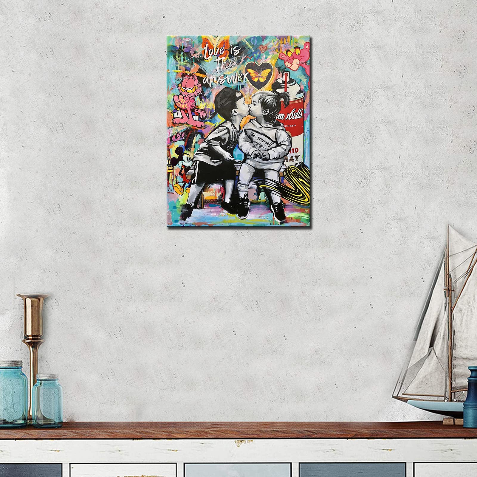 Tucocoo Banksy Street Art Canvas Wall Decor Love is The Answer Graffiti Paintings Little Boy and Girl Kiss Pictures Modern Artwork Home Decor for Living Room Framed Ready to Hang 12x16inch x1Piece - Image 3