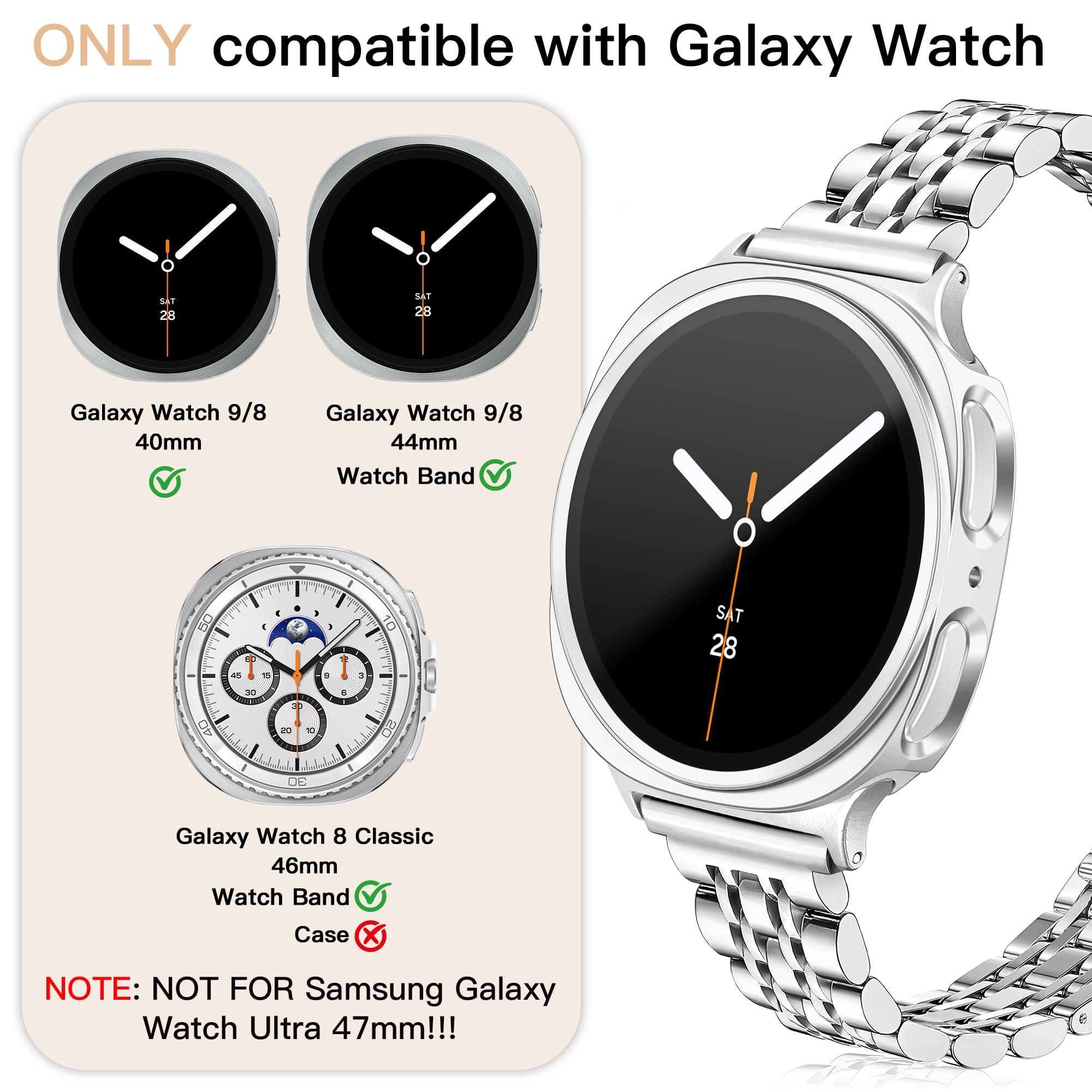 Correa de metal y carcasa compatible con Samsung Galaxy Watch 9/8 40 mm 44 mm, fina y elegante pulsera de metal de acero inoxidable con funda protectora de policarbonato, para mujer
