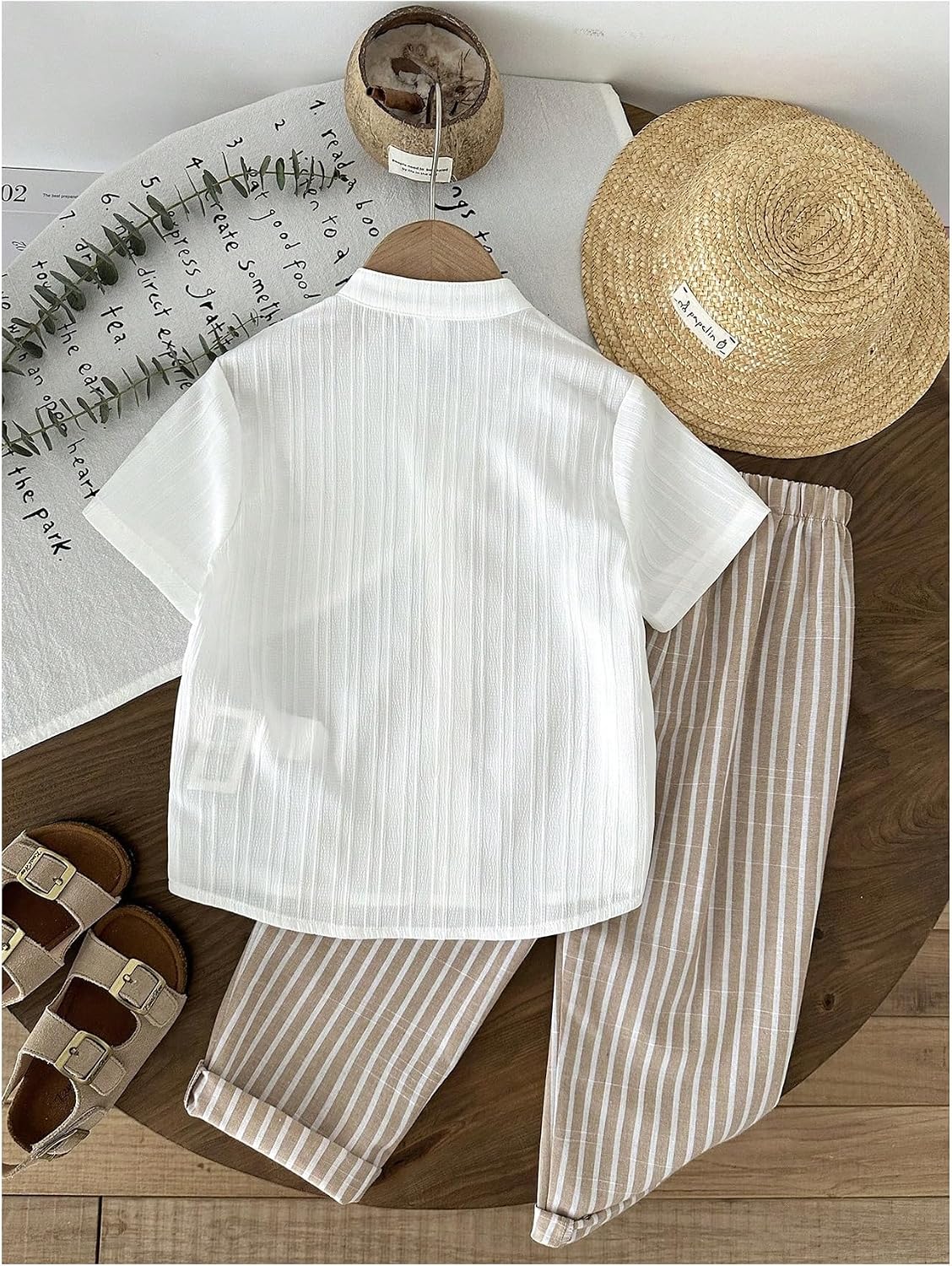 Verdusa Boy's 2 Piece Outfits Textured Button Down Shirt and Striped Pants Set