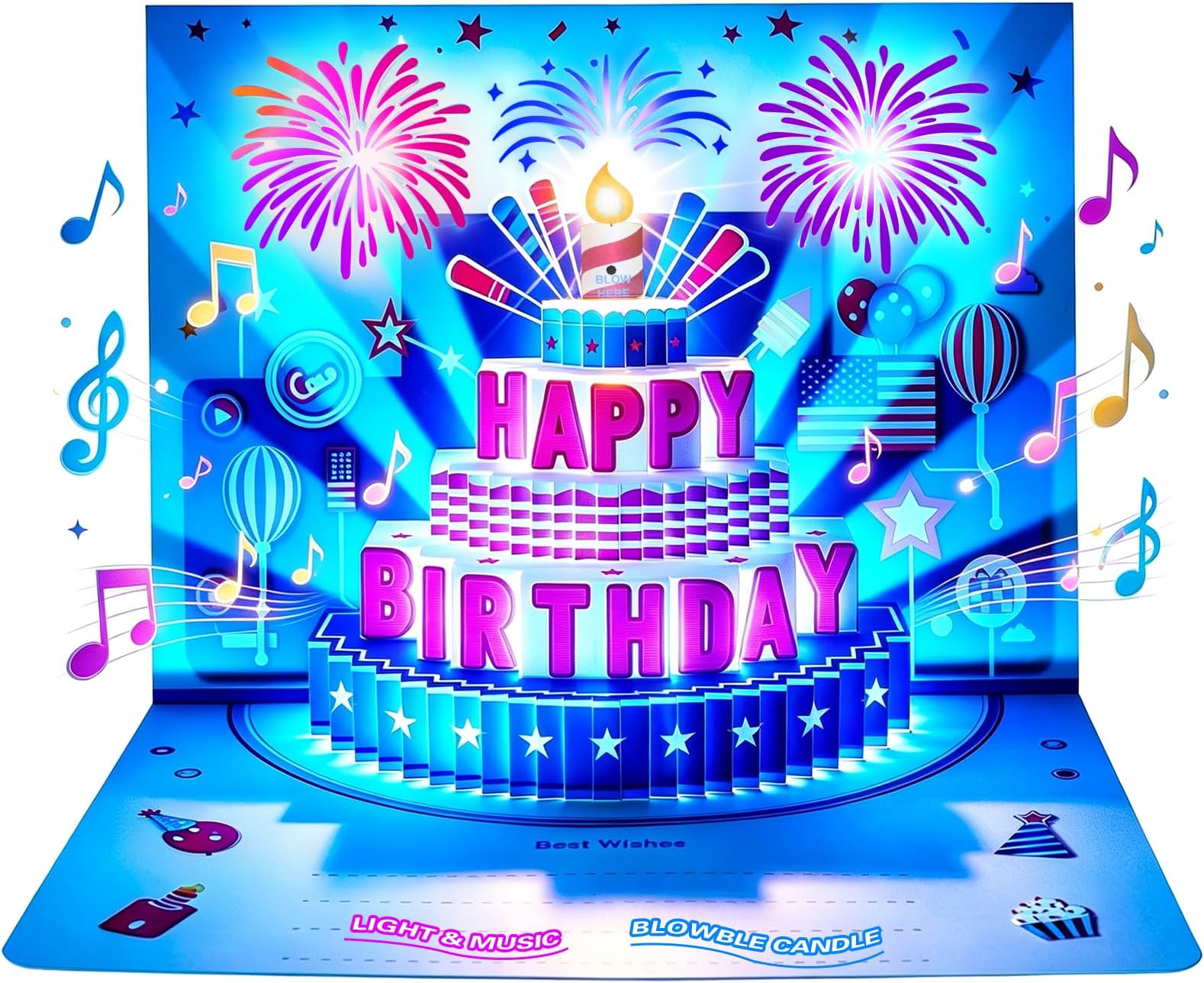 ZOEDO Pop Up Birthday Card, LED Light & Music & Blow Out Candle Light Cards